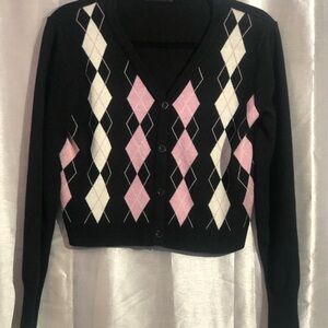 Black Argyle Cardigan with Pink and White Diamonds SHEIN size S